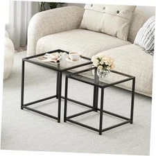  Coffee Table Set of 2, Modern Glass Nesting Table, Metal Frame 19.7" Black
