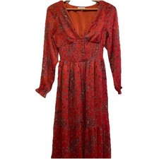 PATRONS OF PEACE Rust Floral Long Sheer Sleeve Shirred Waist Maxi Dress Sz XS