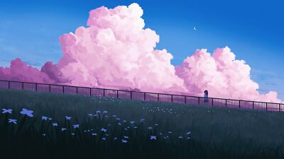 Anime girls field clouds clear sky moon crescent railing playmat gaming mat