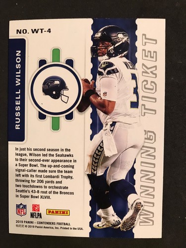 Russell Wilson 2019 Panini Contenders Winning Ticket Insert Card #4 Seahawks - Foto 2 di 2