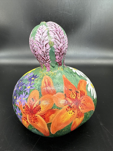Kathy Mann Signed Hand Painted Flowers Gourd Figurine Decor 6" Folk Art EUC - Photo 2/8