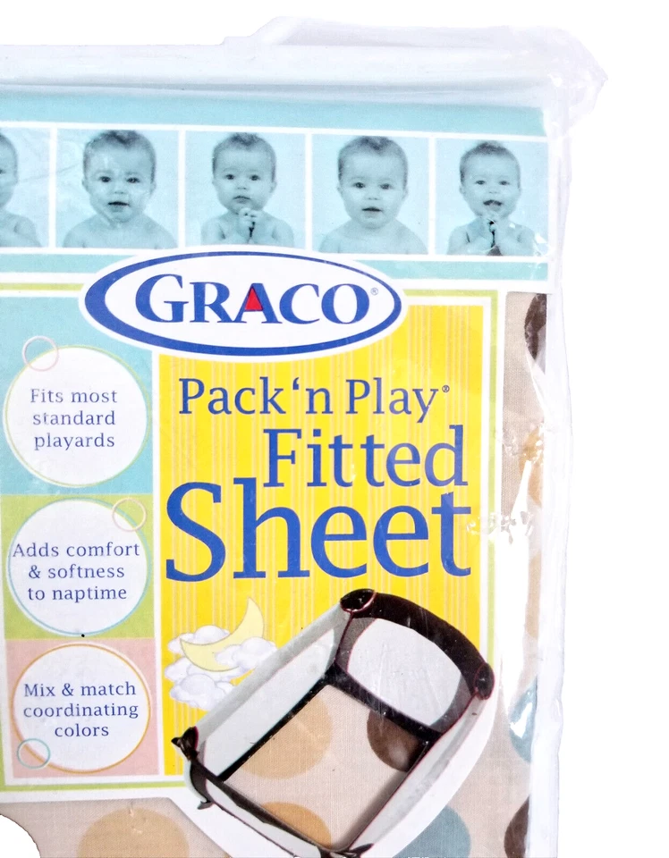 GRACO Pack n Play Sábana Ajustable Cadencia Lunares Marrón Azul Playard Bebé Foto 2 de 4