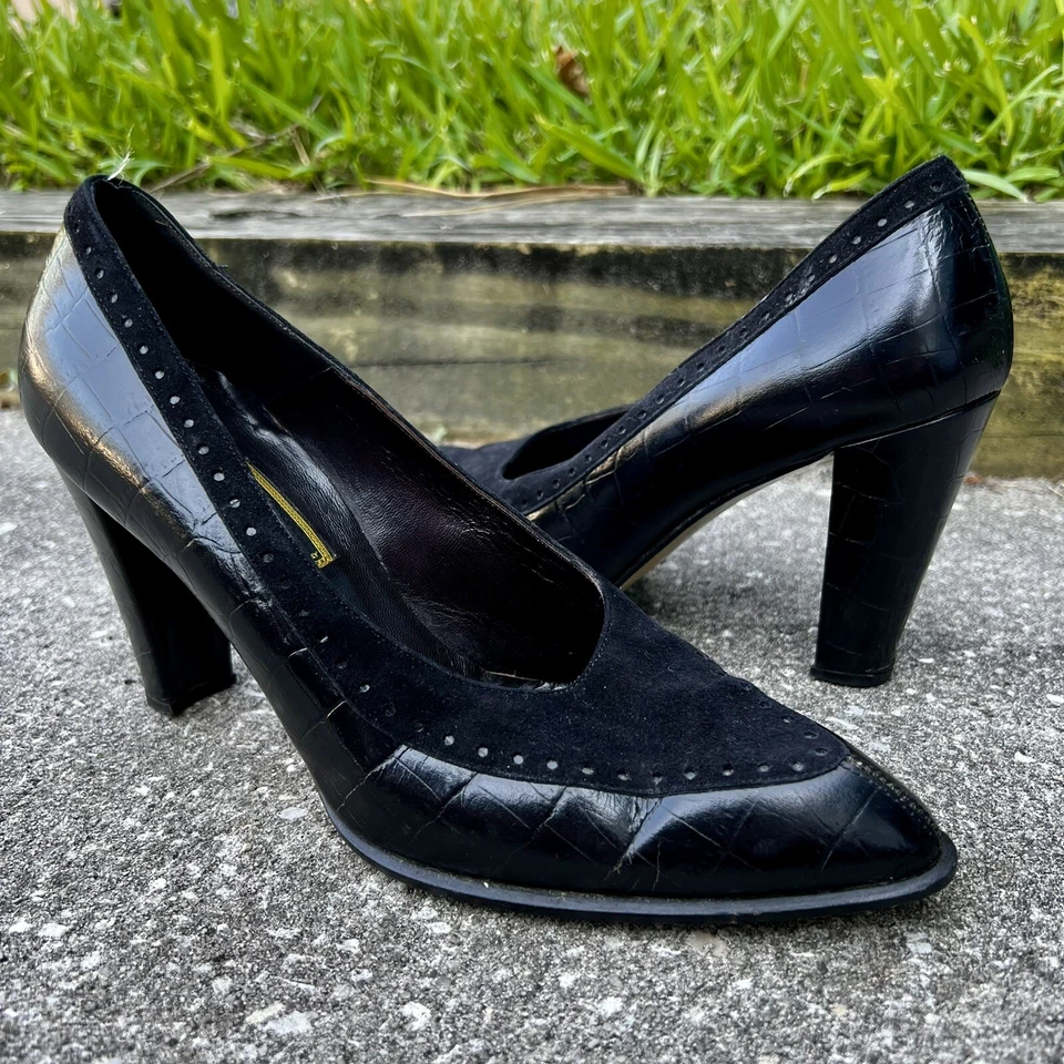 Istante VERSACE Gothic Croc Leather / Suede Vintage Pump Heels Black ~ Size 8.5 - Image 2 of 4