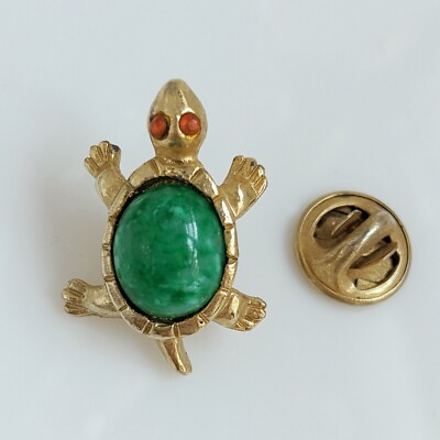 VTG Ballou Reg'D Turtle Lapel Pin Green Aventurine-like Stone Red Rhinestones