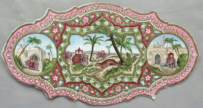 c1900 Victorian Die Cut Large Asia Elephant Tiger Mosque Palm Trees Colorful VTG