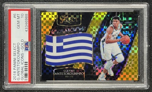 GIANNIS ANTETOKOUNMPO PSA 10 2018 PANINI SELECT #6 GLOBAL ICONS GOLD PRIZM 4/10