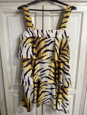 ADRIENNE Tiger Striped Print Dress LSU tigers Sz L Purple & Gold Ruffled Tiers