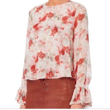 Intermix Charlie Floral Solo Blouse Bell Pleated Sleeve Red Orange Feminine Sm