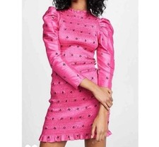 Ulla Johnson Pink Aurele Mini Dress Sz 0 Smocked Silk Blend Puff Sleeve Cocktail