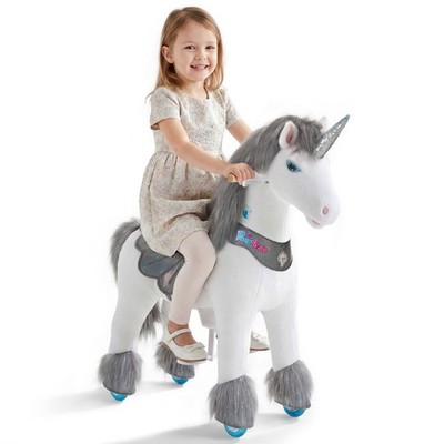 PonyCycle Einhorn mit Rollen 4 7 Jahre, Grau mit Sounds und Bremse - Y456