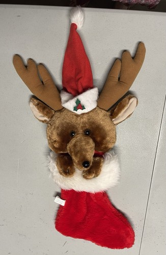 VINTAGE Plush Moose Reindeer Stuffed Head Christmas Stocking Made In Korea