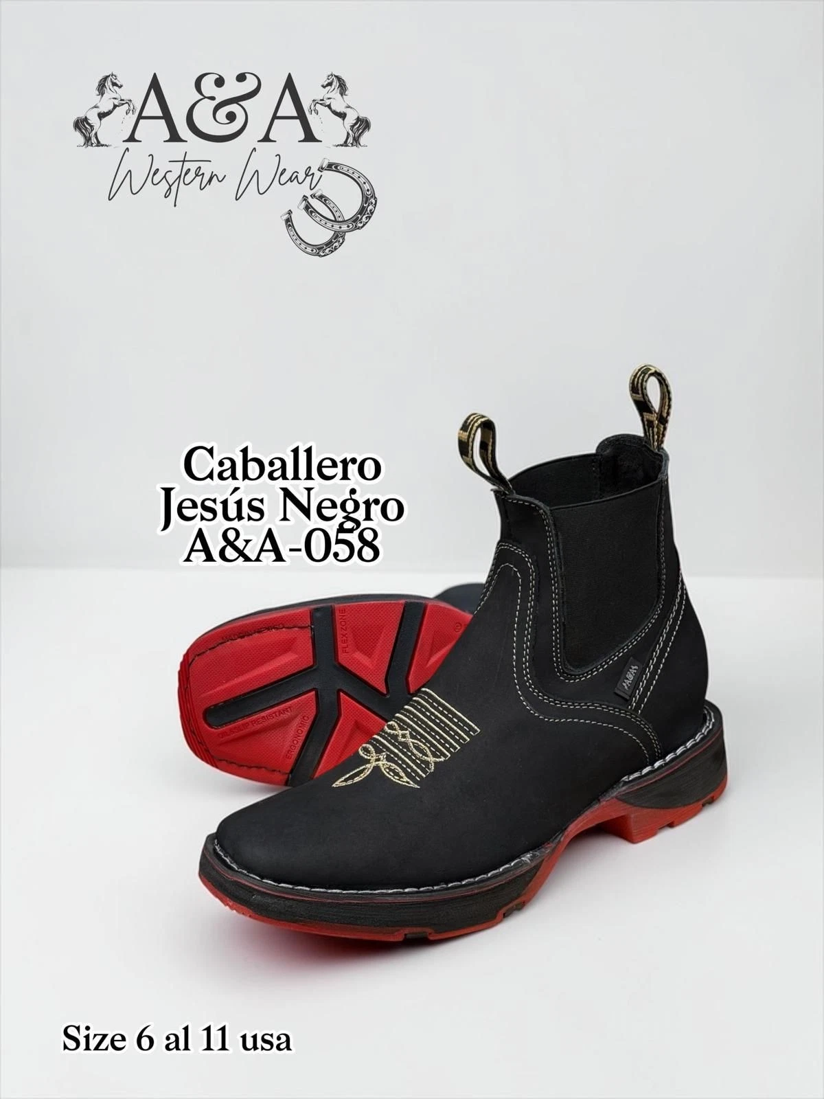 Genuine Leather Square Toe Rubber Red Sole Ankle Western Cowboy Boots - Black