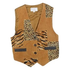 BRANDON THOMAS Womens Beige Suede Animal Print Button Jacket S Patchwork Vest