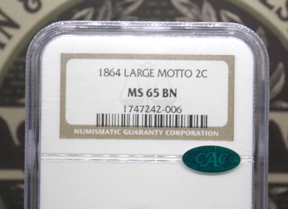 1864 Two Cent Piece *LARGE MOTTO* 2c NGC MS65 BN CAC #006 Gem Unc ECC&C, Inc. - Image 4 of 4