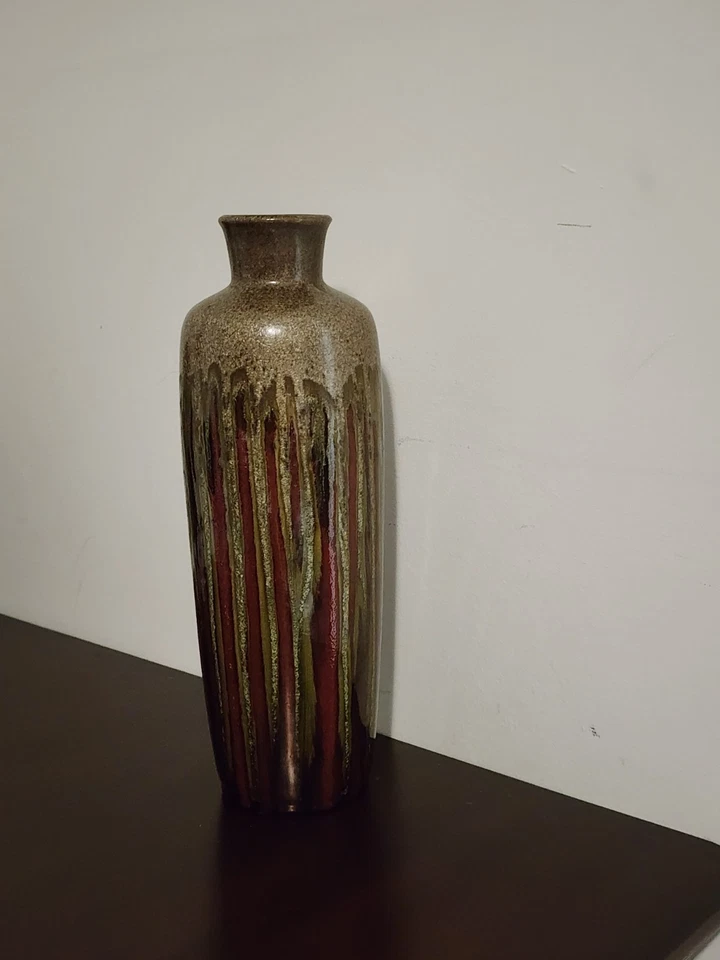 Jarrón Pier One Imports cerámica esmalte por goteo marrón y verde cilindro de 13,5” de alto Foto 3 de 4