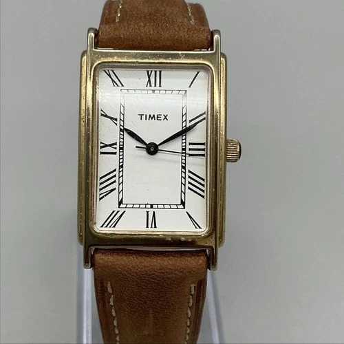 Vintage Timex Tank Mens Watch 23mm Gold Tone Brown Leather Classic New Battery