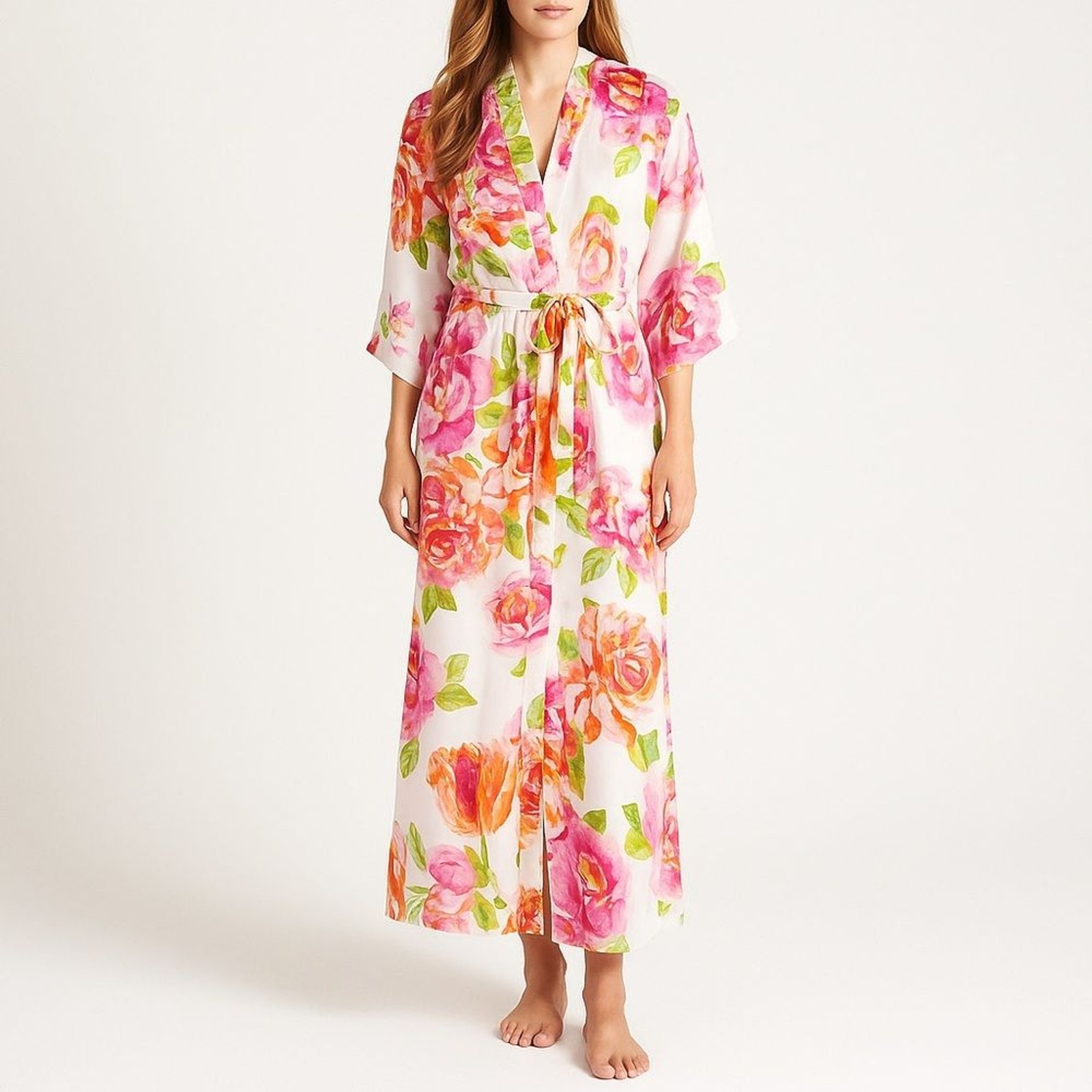 Natori South Pacific Floral Robe & Slip Nightgown Set Pink Orange Ivory Size S M