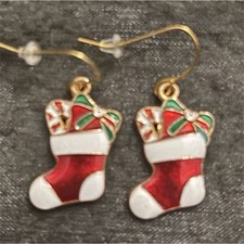 Red White Green Gold Christmas Stocking Dangle Drop Hook Earrings Enamel Metal