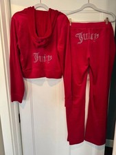 Juicy Couture Flash Red Velour Rhinestone Bling Tracksuit Set Size XL NWT New