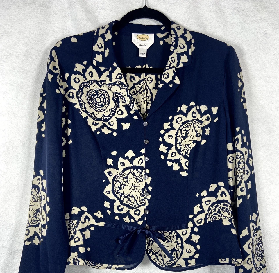 Top Talbots Vintage Mujer 12 Azul Crema Mangas Largas Floral Abotonado 100% Seda Foto 2 de 4