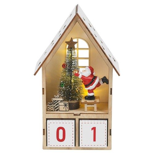 Calendario de Adviento de Papá Noel Casa Madera Iluminada LED Navidad 23 CM Marrón Blanco - Imagen 5 de 5