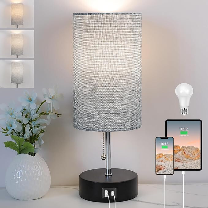 3-Color Temperature Bedside Lamp Nightstand Lamp with USB A Port and C Port, Tab