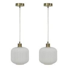 Set of 2 White Glass Satin Brass Ceiling Light Kitchen Dining Pendant Fittings