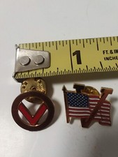 2 US VETERAN American Flag Waving Gold Tone Enamel Lapel Hat Tie Pin