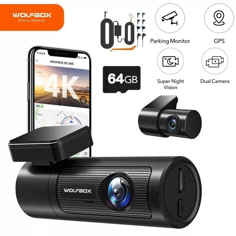 WOLFBOX 4K WiFi I05 Dashcam vorne hinten AutoKamera mit 64GB Karte, Hardwire-Kit