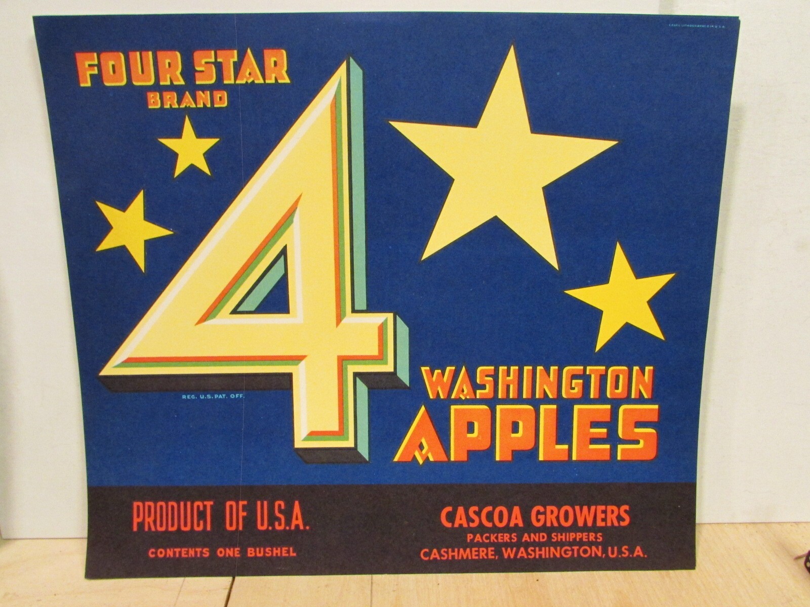 Vintage 4 Star Brand Washington Apples Fruit Crate Label Cascoa Cashmere