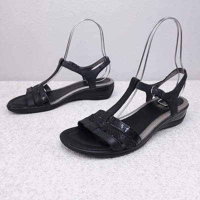 ECCO Sensata T Strap Sandal Women EU 40 Black Leather Strappy Wedge Heel Shoes.