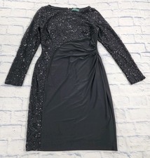 Lauren Ralph Lauren Dress WOMENS 10 Black Long Sleeve Sequined Ruched Sheath