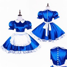 Girl Maid Sissy Blue satin sexy Dress cosplay Unisex costumes