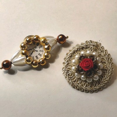 Paar Vintage Brosche Retro goldene Perlen Blume Uhr