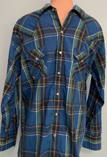 Vtg Ely Plains Cotton Button Up Blue Long Sleeve Plaid Pearl Snap Men's Size L