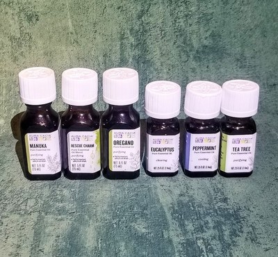 6pc Aura Cacia ESSENTIAL OILS Bundle Lot- Peppermint/Manuka/Oregano/Tea Tree++