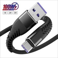 USB A To USB-C Cable 7A 100W Fast Charger Braided Long Type C Lead 25CM 1M 2M 3M