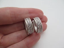 925 Sterling Silver Solid Twist Edge 7.5mm Clear Sparkling Stone Hoop Earrings