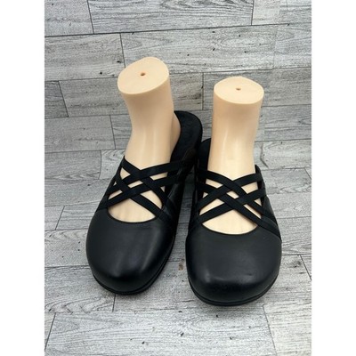 Vionic Claire Black Leather Crisscross Strap Orthotic Mules Shoes Women Size 9