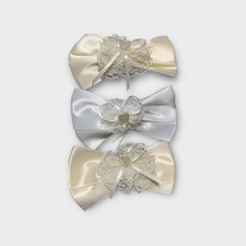 Set 3 VTG Satin Lace Hair Bows Barrettes Ivory  White Christening Church