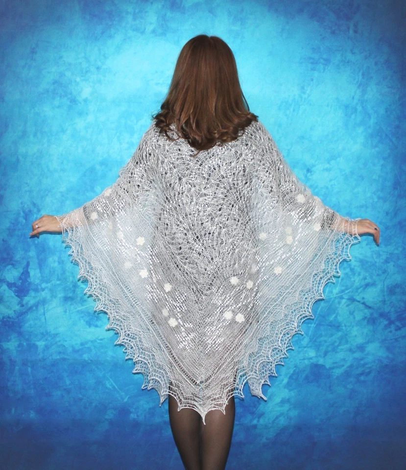 White Russian Embroidered Shawl Orenburg Kerchief Bridal Stole Wool Wrap Scarf - Image 3 of 4