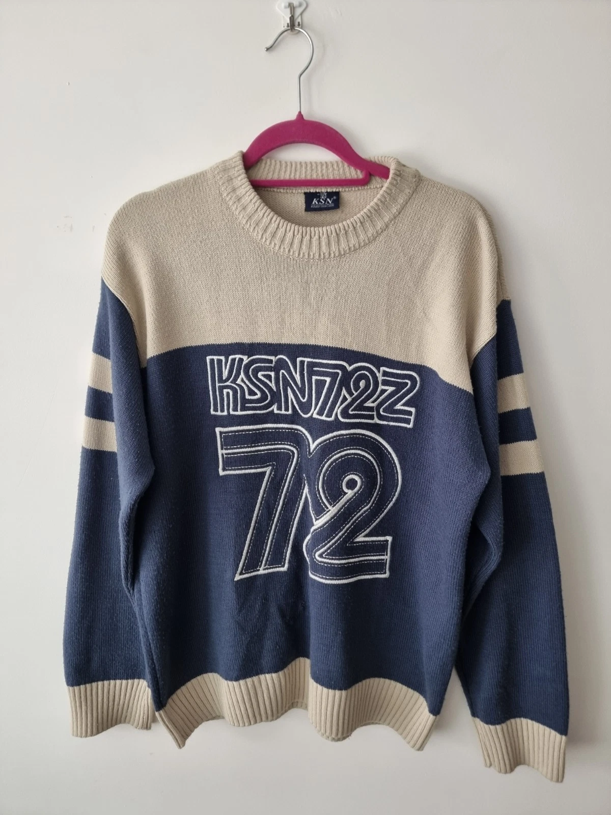 KSN Kosan Collection Vintage Blue Cream Varsity Knit Jumper