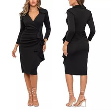 XSCAPE Women's Ruffled Ruched Black Collared Midi Dress Size 14/L NWT