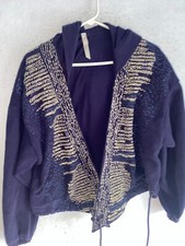 FREE PEOPLE FP MOVEMENT Fleece Crop Pullover Hoodie Blue Purple Embroidered Boho
