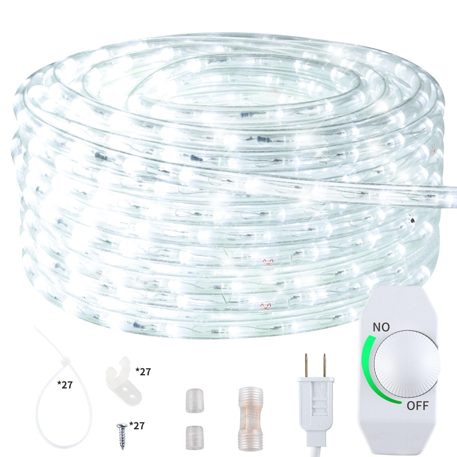 59FT Dimmable Cuttable Waterproof LED Rope Light for Indoor Outdoor Use with Clear Tube