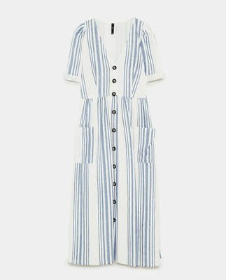 Robe Longue Zara En Lin Rayée - Taille S (UK8), Boutonnée, Style Blogger, Neuve Sans étiquette