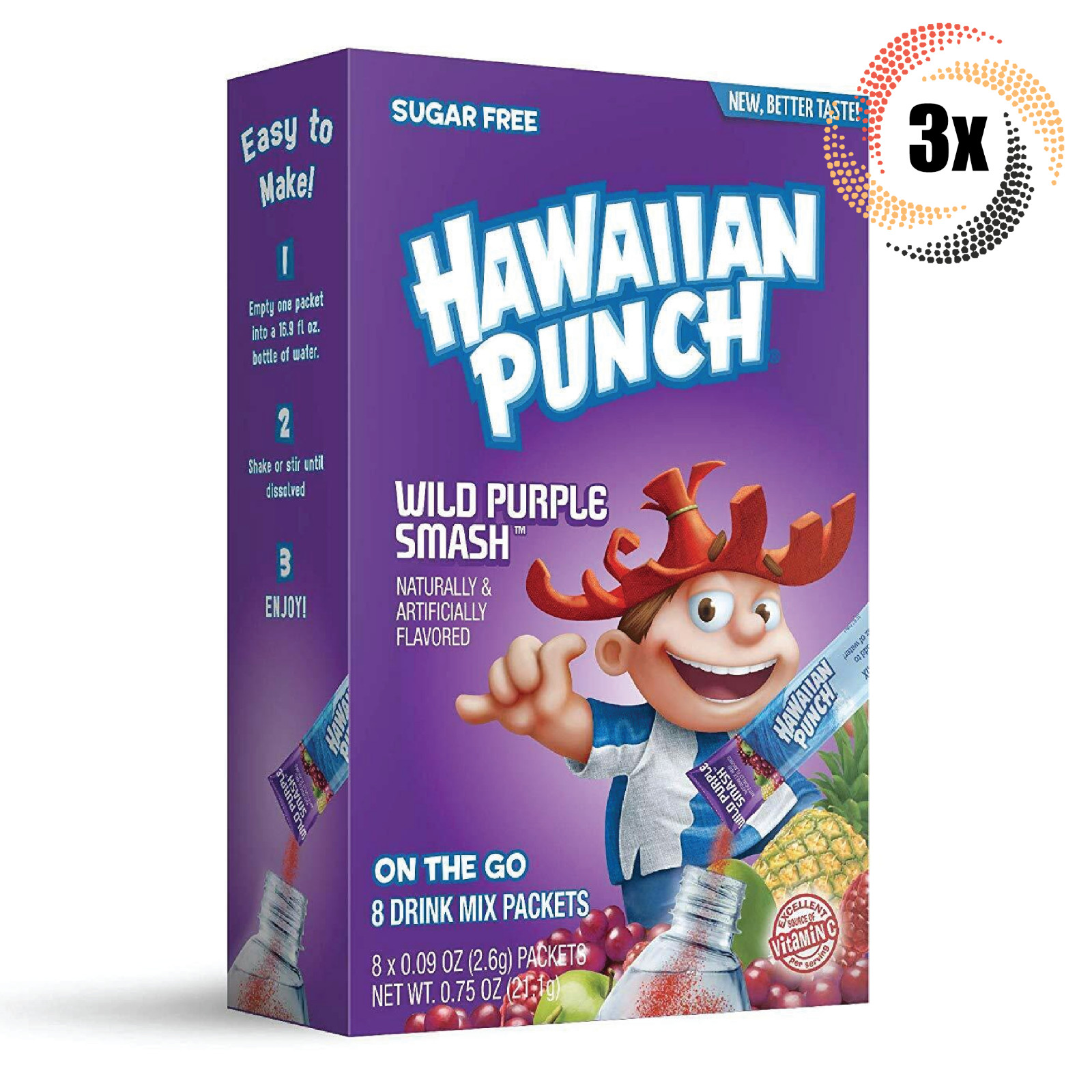 3 упаковки коктейля Hawaiian Punch Wild Purple Smash Drink Mix | по 8 штук в каждой |75 унций