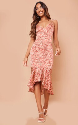 PRETTYLITTLETHING X Maya Jama Red Leopard Print Frill Hem Midi Dress - Brand New