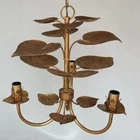 VINTAGE GILT TOLE CHANDELIER CEILING FIXTURE 3 LIGHTS WATER LILY GILDED LEAVES