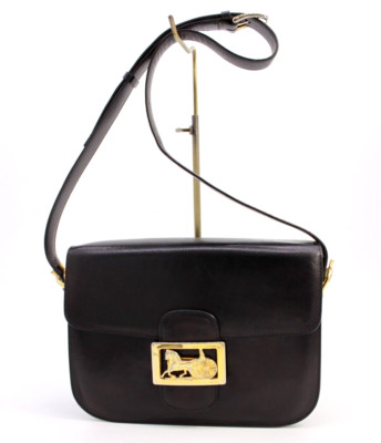 CELINE Shoulder Bag Handbag Purse Carriage Leather Black Vintage Authentic
